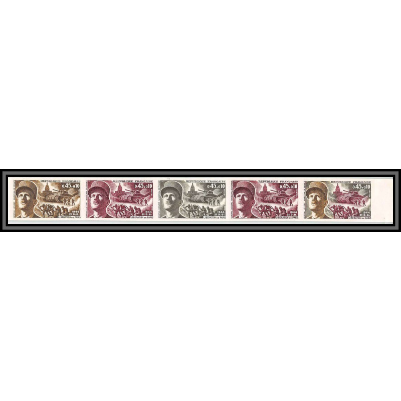 France N°1607 Libération Maréchal Leclerc guerre 1939/45 1969 Essai color proof Non dentelé (imperf) bande de 5