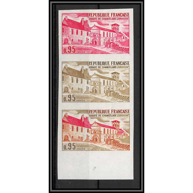France N°1645 Abbaye de Chancelade (Dordogne) bande de 3 Essai (trial color proof) Non dentelé imperf ** MNH