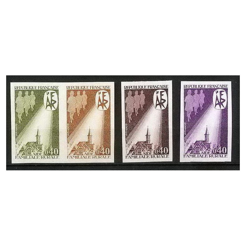 France N°1682 familiale rurale. Eglise (church) Essai (trial color proof) + Non dentelé imperf ** MNH lot de 4