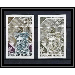 France N°1744 Amiral de Coligny (bateau maritime ship) Essai (trial color proof) + Non dentelé (imperf **