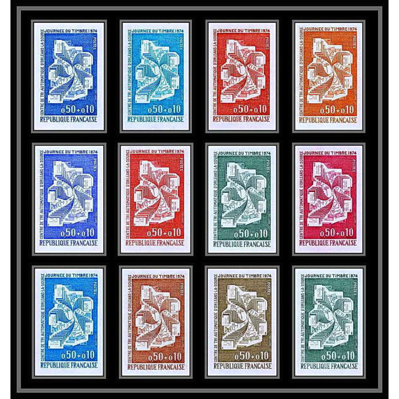 France N°1786 Journée du timbre 1974 Centre de tri Orleans lot de 12 essai proof Non dentelé imperf ** MNH