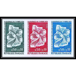 France N°1786 Journée du timbre 1974 Centre de tri Orleans trial color proof Non dentelé imperf ** MNH bande de 3