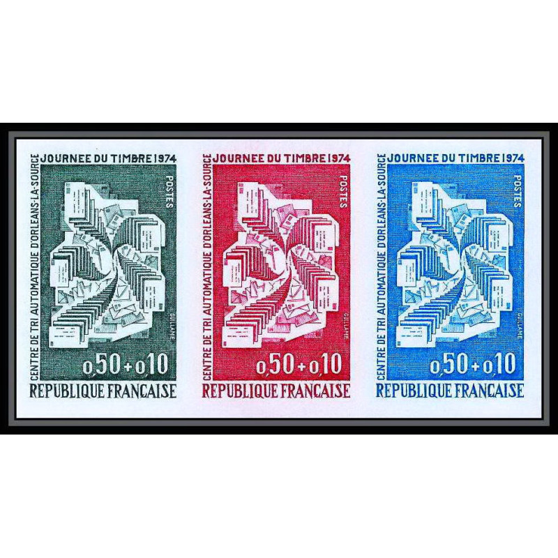 France N°1786 Journée du timbre 1974 Centre de tri Orleans trial color proof Non dentelé imperf ** MNH bande de 3