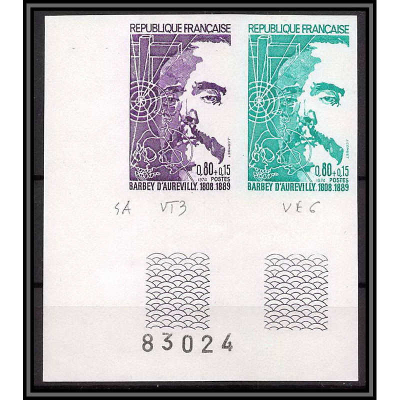 France N°1823 Barbey d'Aurevilly ecrivain (writer) paire Essai (trial color proof) Non dentelé imperf ** MNH