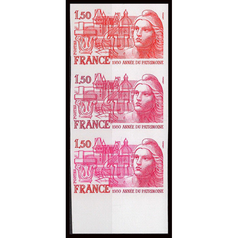 France N°2092 Année du patrimoine marianne gandon 1980 bande de 3 couleurs différentes Essai proof Non dentelé imperf **