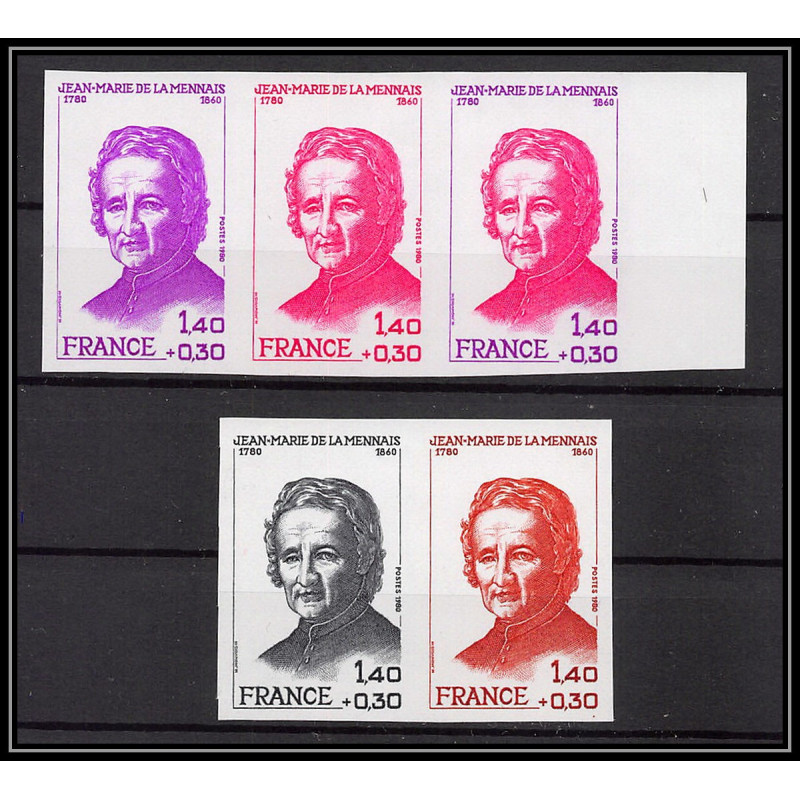 France N°2097 Robert de Lamennais (écrivain writer) 1980 lot de 5 couleur Essai (trial color proof Non dentelé imperf **