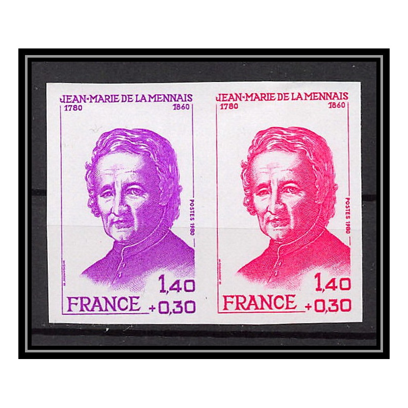France N°2097 Robert de Lamennais (écrivain writer) 1980 paire Essai (trial color proof Non dentelé imperf **
