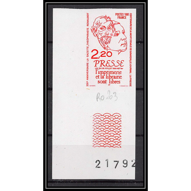 France N°2143 liberté de la Presse renaudot 1981 freedom media coin de feuille Essai proof Non dentelé imperf ** MNH