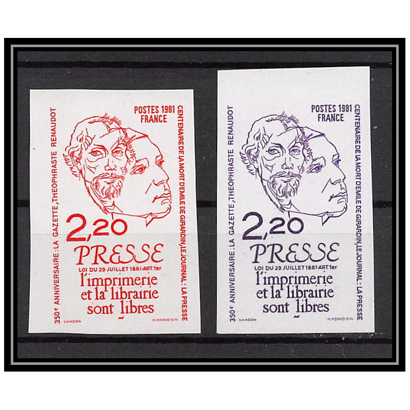 France N°2143 liberté de la Presse renaudot 1981 freedom media lot de 2 couleurs Essai proof Non dentelé imperf ** MNH