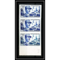 France N°984 Maréchal Leclerc bande de 3 Essai (trial color proof) Non dentelé imperf ** MNH