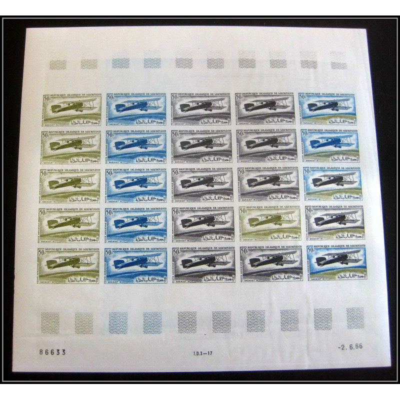 94095 y&t PA airmail 57 avion biplan breguet 14 XIV mauritanie Essai proof Non dentelé imperf feuille sheet ** MNH 1966