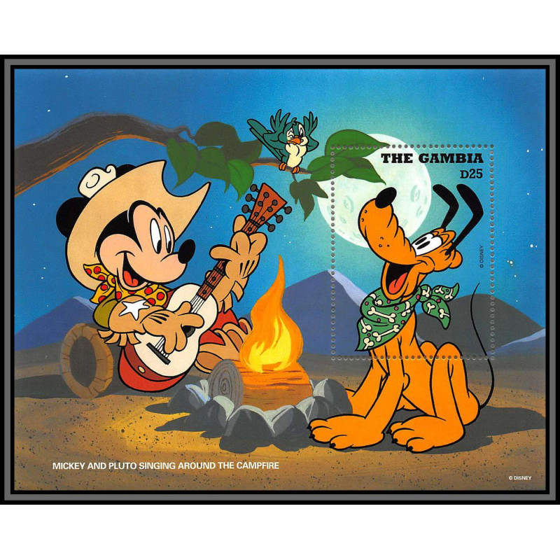 80256 Mi N°273 gambia gambie mickey mouse and pluto singing around the campfire disney toys disney bloc neuf ** MNH 1996