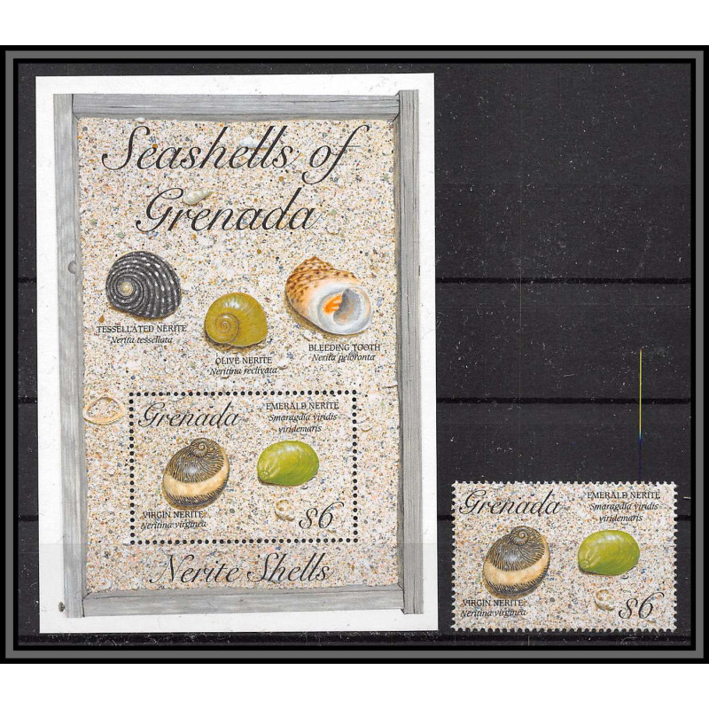 80657f Seashells of grenada mi N°343 + timbre TB neuf ** MNH poissons fishes lumpet Shells 1993