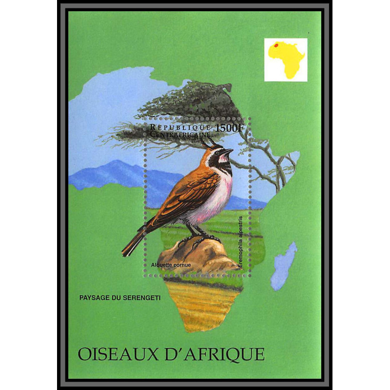 80859 centrafricaine Mi 213 serengueti Alouette haussecol horned lark ** MNH oiseaux d'afrique birds 1999