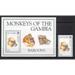80913b gambia gambie Mi BF N°229 +timbre Guinea baboons Babouins singes ape apes monkeys ** MNH Animaux animals 1994