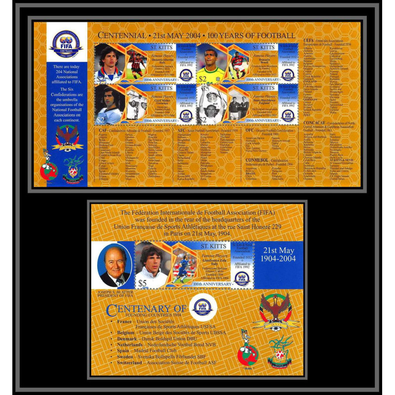 81261 st kitts YT 1172/1175 Bf 68 100 years centenary fifa albertini romario brazil muller ** MNH Football soccer 2004
