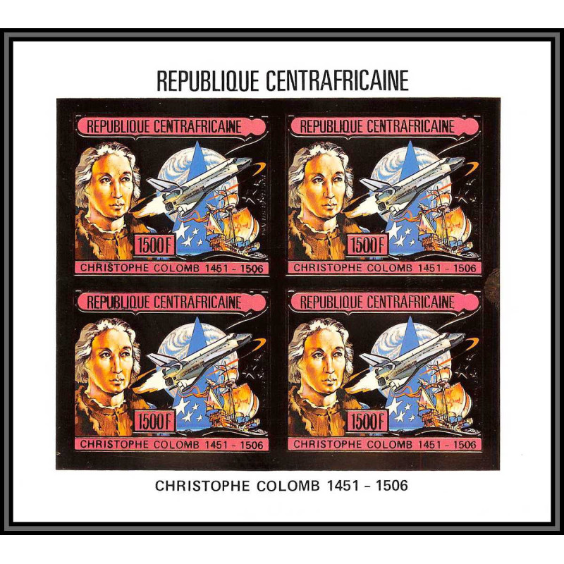 85989/ N°1201 B Christophe Colomb Christopher Columbus centrafricaine OR Gold ** MNH space bloc 4 Non dentelé imperf