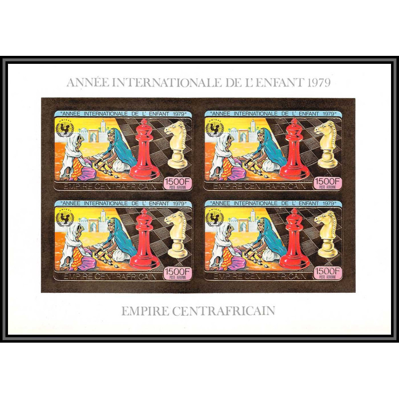 86060/ N°613 B echecs chess unicef hild year 1979 centrafrique centrafricaine OR Gold ** MNH bloc 4 Non dentelé imperf