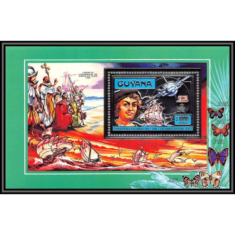 86148/ Guyana Mi N°231 A Christophe colomb columbus station argent silver 1992 papillons butterflies espace space ** MNH
