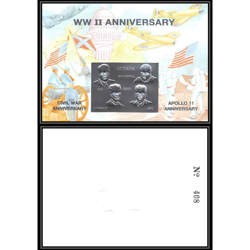 86203/ Guyana Mi N°398 silver argent apollo 11 world war 2 anniversary espace space churchill kennedy armstrong lincoln