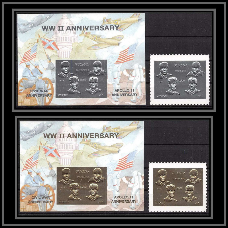 86203b Guyana Mi 4521 N°397/398 silver gold or apollo 11 espace space churchill kennedy armstrong lincoln 1994 numéroté