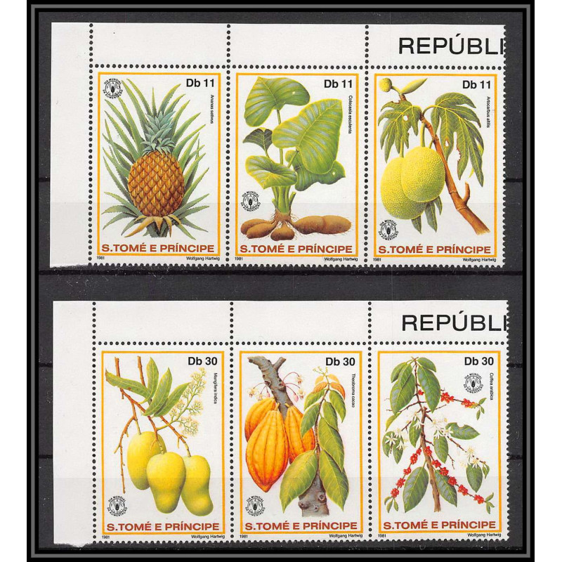 86425a sao tome mi 744/749 A fruits fruts 1981 ananas café cacao mangue fdc coffee mango pineapple ** MNH corner