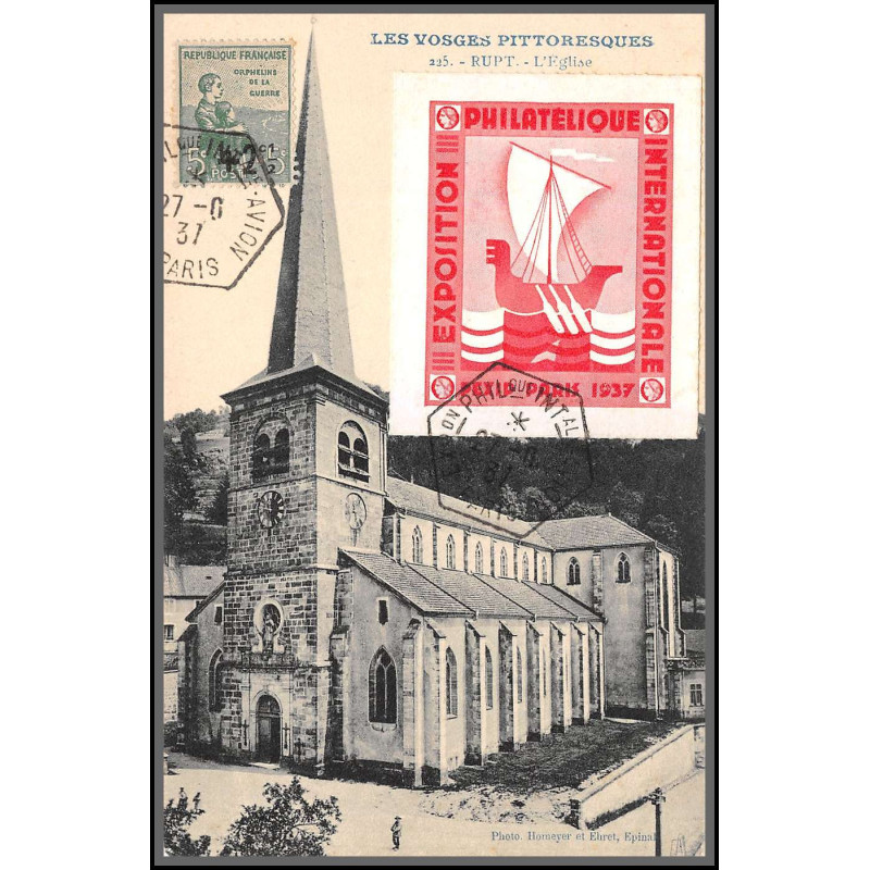 96139 N°163 vignette pexip 1937 orphelins de guerre seul sur carte postale rupt eglise postcard France