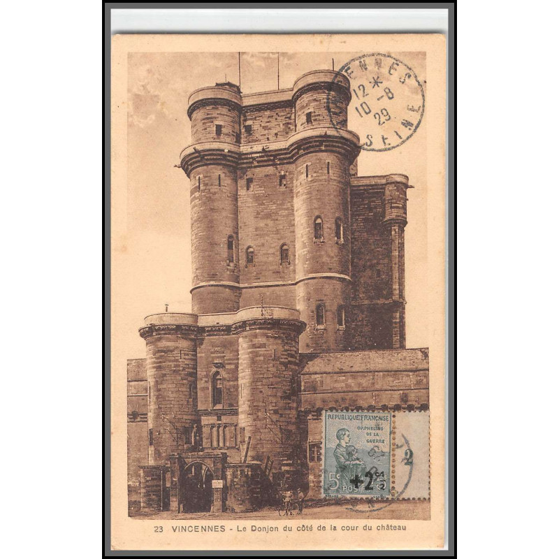 96146 N°163 millésime 2 vincennes donjon 1929 orphelins de guerre seul sur carte postale postcard France