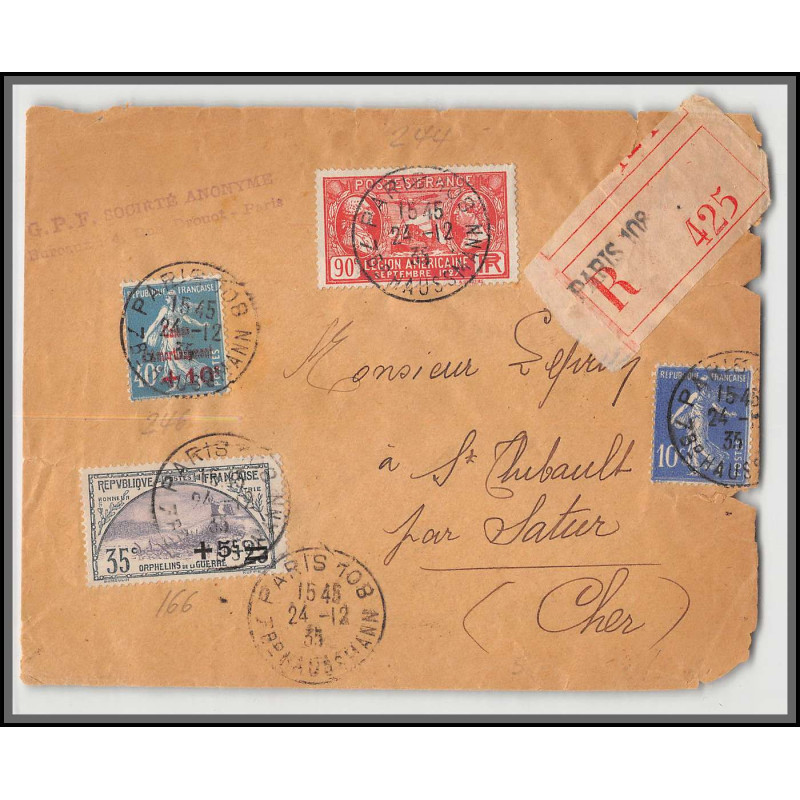 96165 N°166 recommandé paris 1935 st thibault cher caisse ammortissement orphelins de guerre lettre cover France