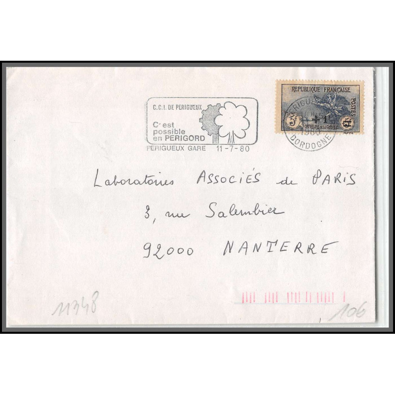 96169 N°169 affranchissement très tardif 1980 perigueux nanterre orphelins de guerre seul sur lettre cover France