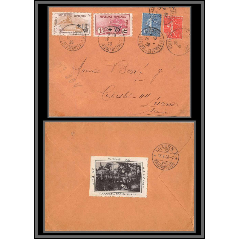 96173 N°167/168 nice 1928 luceerne suisse vignette touquet paris plage orphelins de guerre lettre cover France