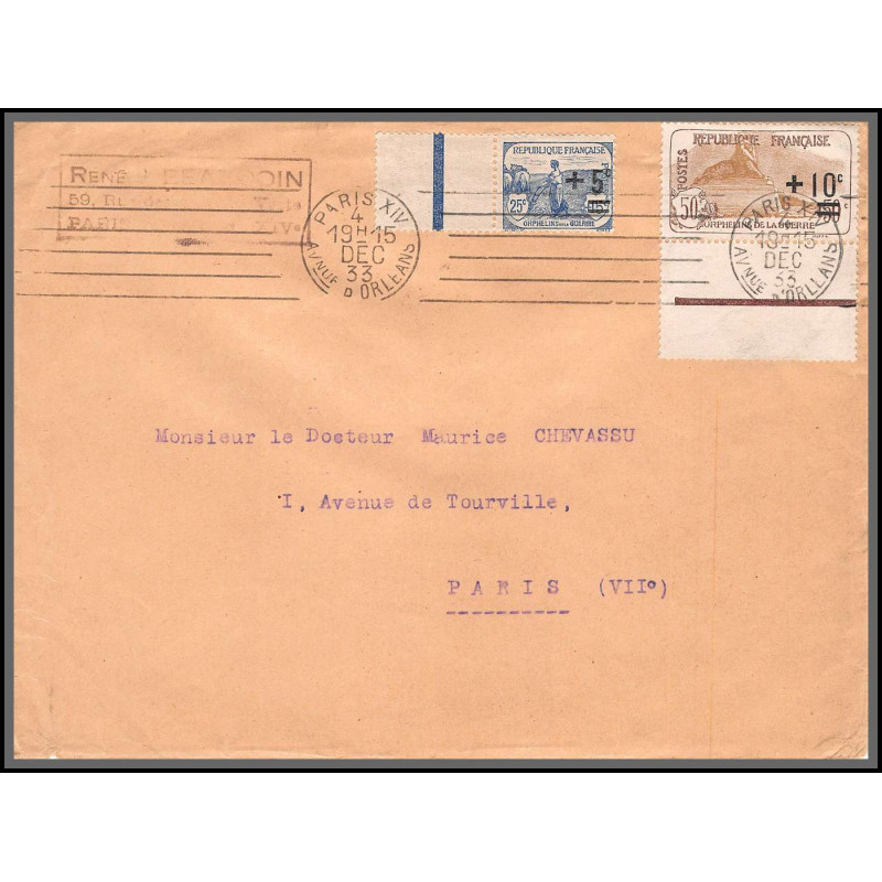 96179 N°165 167 bod de feuille avec repère paris 1933 orphelins de guerre lettre cover France
