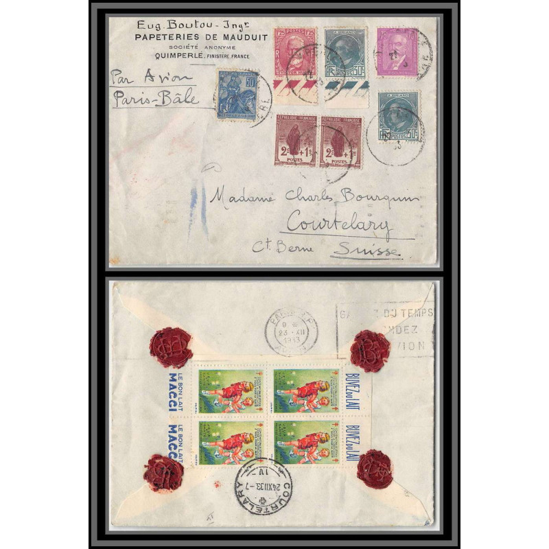 96193 N°229 291 292 293 quimperlé par avion paris bale courtenay suisse 1933 vignette bloc tuberculose orphelins france