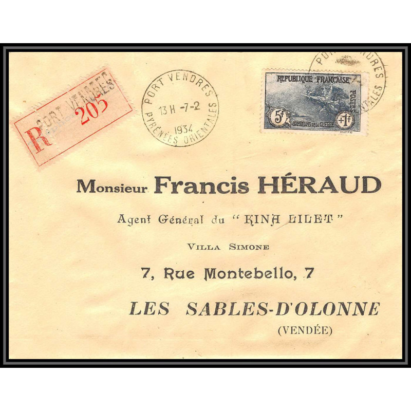 96200 N°232 recommandé 1934 port vendres Pyrénées-Orientales sables d'olonne orphelins de guerre seul sur lettre france