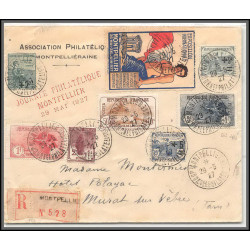 96202 N°229/232 serie 163 164 vignette journée philatélique montpellier 1927 recommandé murat sur vèbre affranchissement