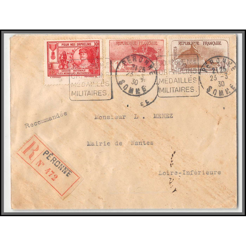 96204 N°230 231 vignette médaillés militaires recommandé peronne somme 1930 nantes orphelins de guerre lettre france