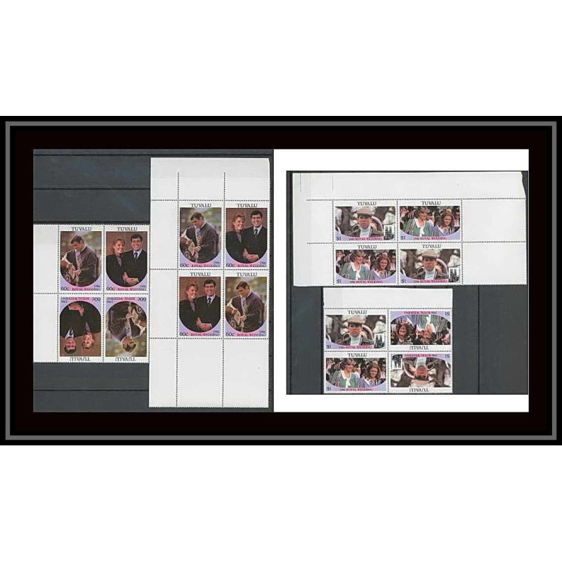 1035 - Tuvalu- Michel N° 377/380 ** (british royal family) Wedding 1986 Bloc 4 Coin de feuille + TETE BECHE MNH **