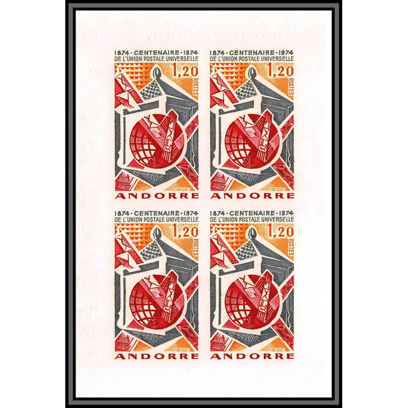 Andorre (Andorra) N°242 centenaire de l'UPU 1974 Non dentelé imperf ** MNH bloc 4 cote 440 euros