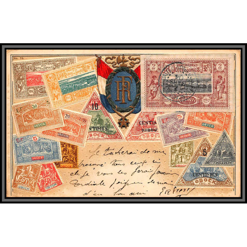 56816b N°8 vue de djibouti 1904 cote francaise des somalis Carte maximum (card) timbres gaufrée embossée