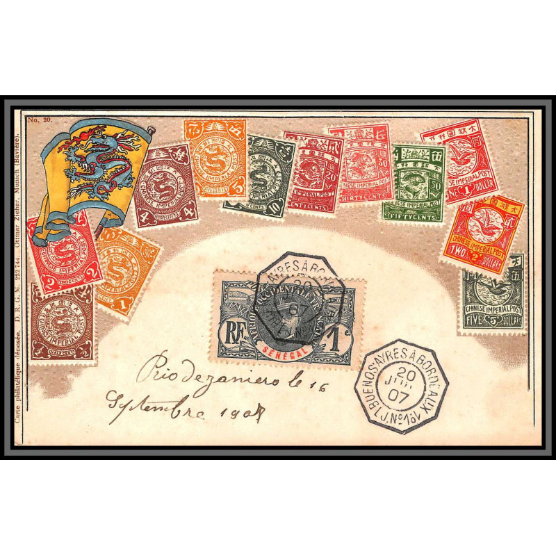56957 sénégal N°30 chine china 1907 Carte postale gaufrée embossée timbres stamps cachet maritime maritime buenos ayres