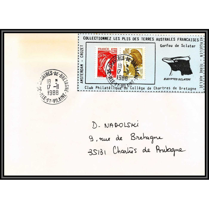 71549 porte timbre 1988 gorfou sclater oiseaux birds collectionnez les plis des terres australes taaf lettre cover