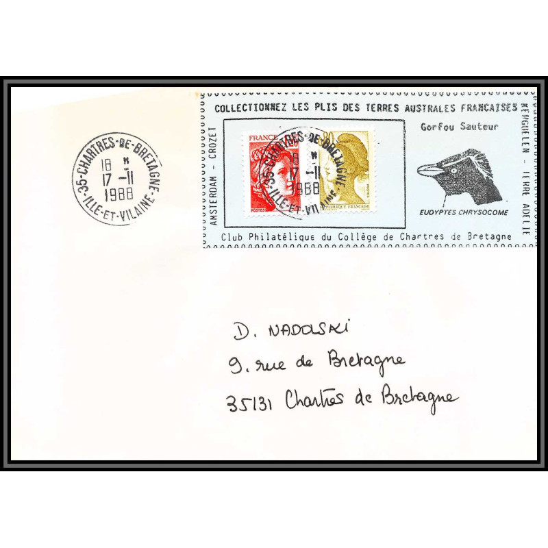 71558 porte timbre 1988 gorfou sauteur oiseaux birds collectionnez les plis des terres australes taaf lettre cover