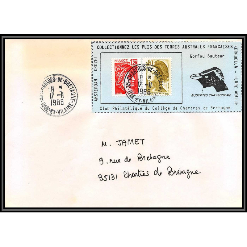 71559 porte timbre 1988 gorfou sauteur oiseaux birds collectionnez les plis des terres australes taaf lettre cover