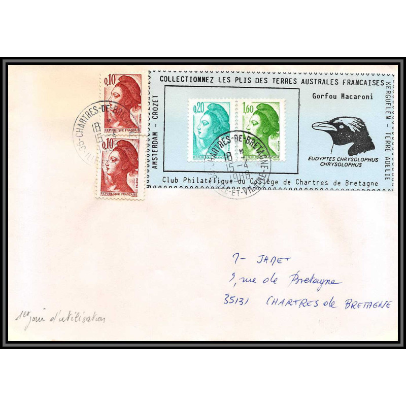 71561 porte timbre 1988 gorfou macaroni oiseaux birds collectionnez les plis des terres australes taaf lettre cover