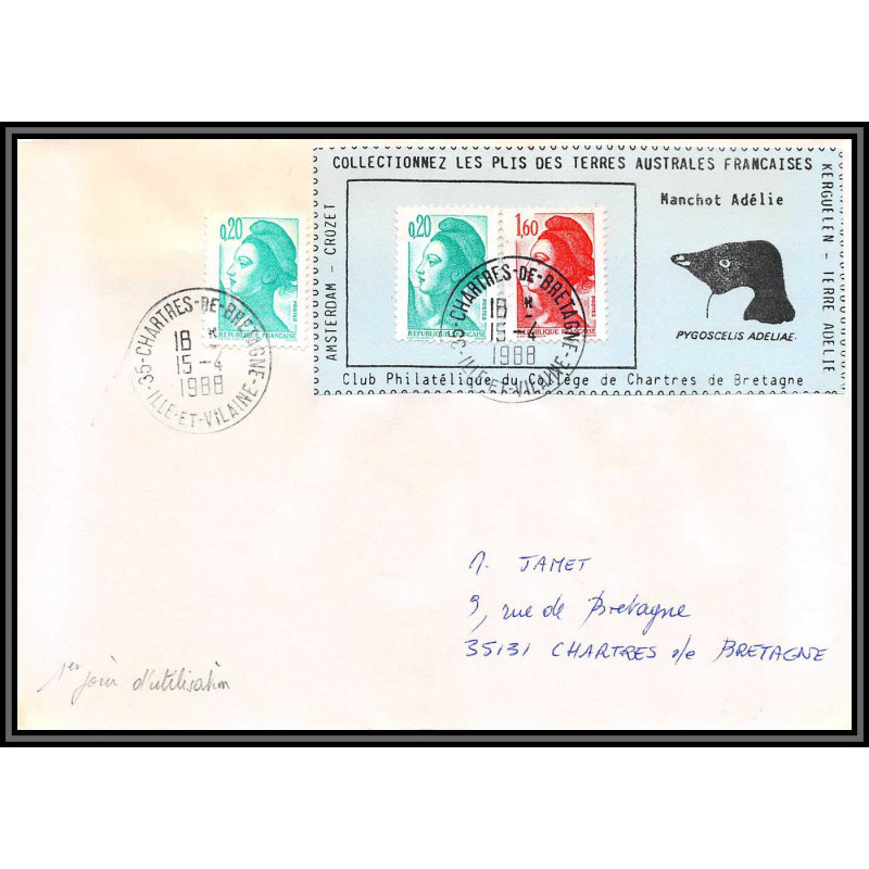 71576 porte timbre 1988 manchot adelie oiseaux birds collectionnez les plis des terres australes taaf lettre cover