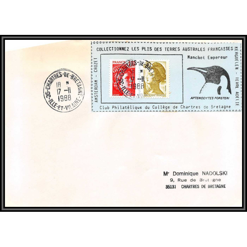 71579 porte timbre 1988 manchot empereur oiseaux birds collectionnez les plis des terres australes taaf lettre cover
