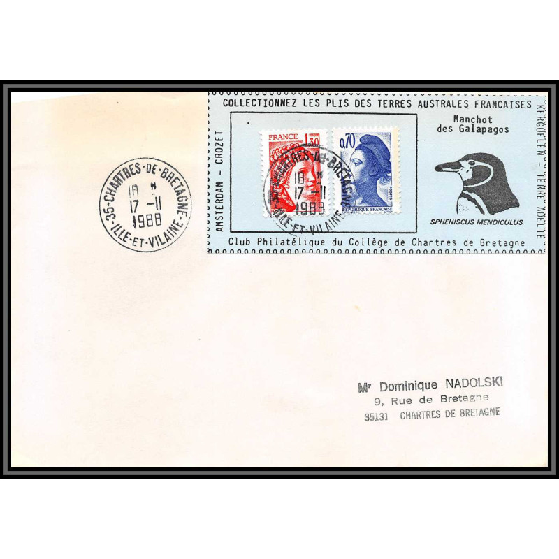 71581 porte timbre 1988 manchot galapagos oiseaux birds collectionnez les plis des terres australes taaf lettre cover