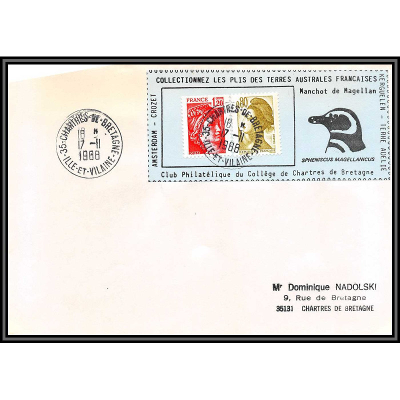 71585 porte timbre 1988 manchot oiseaux birds collectionnez les plis des terres australes taaf lettre cover France