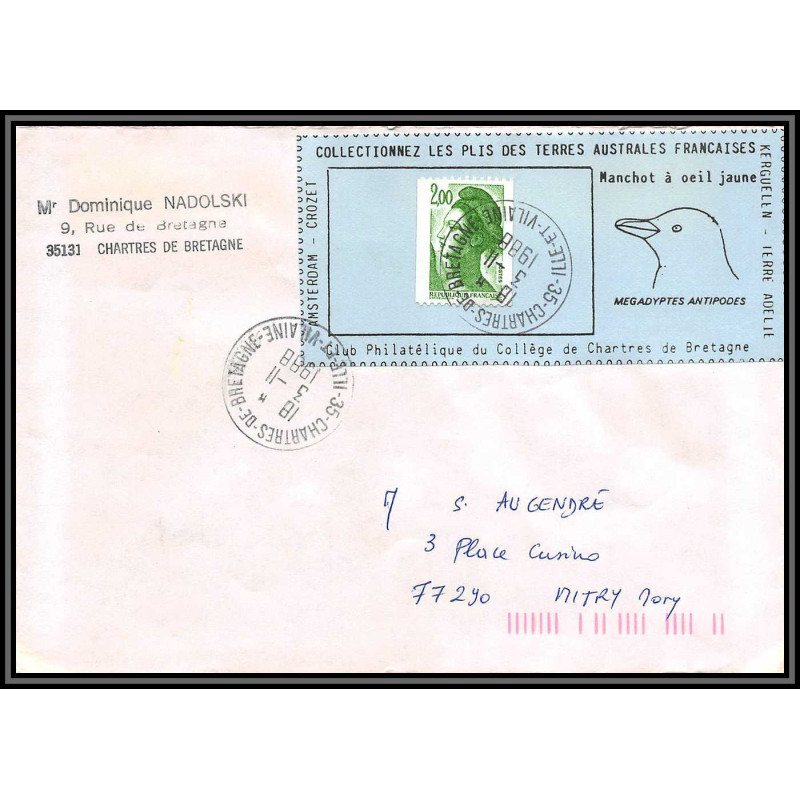 71592 porte timbre 1988 manchot oeuil jaune oiseaux birds collectionnez les plis des terres australes taaf lettre cover