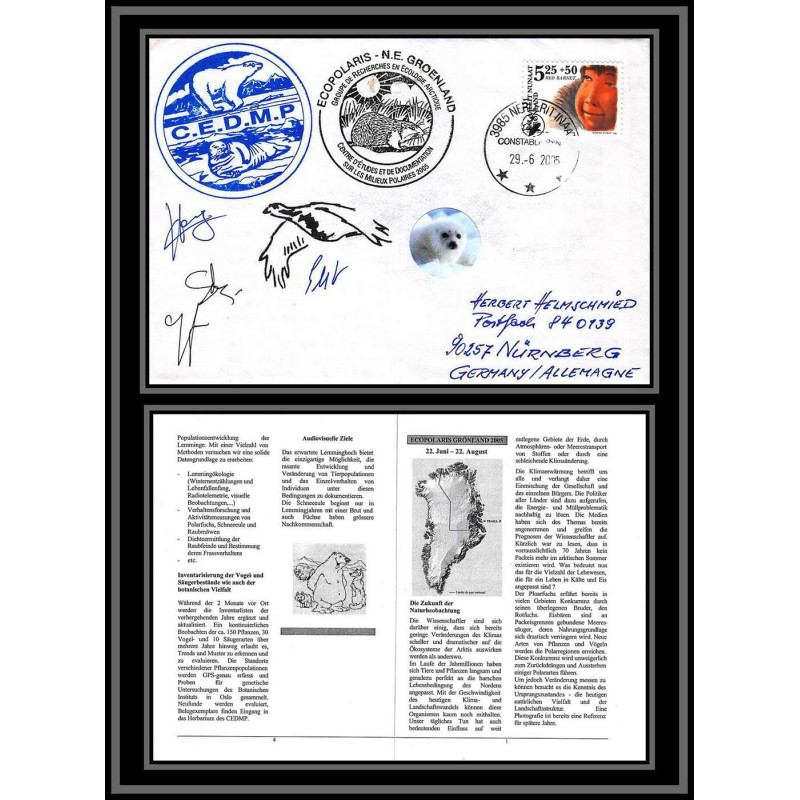 97659 signé signed CEDMP 29/6/2005 ecopolaris gronland groenland arctique arctic north pole lettre cover